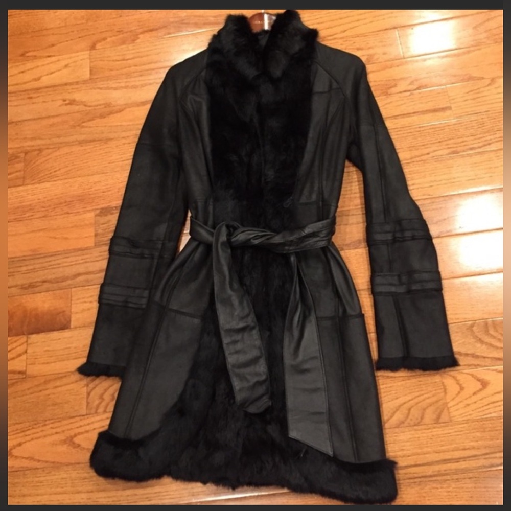 Bebe Y2K Black Genuine Leather and Fur Long Coat S NEW